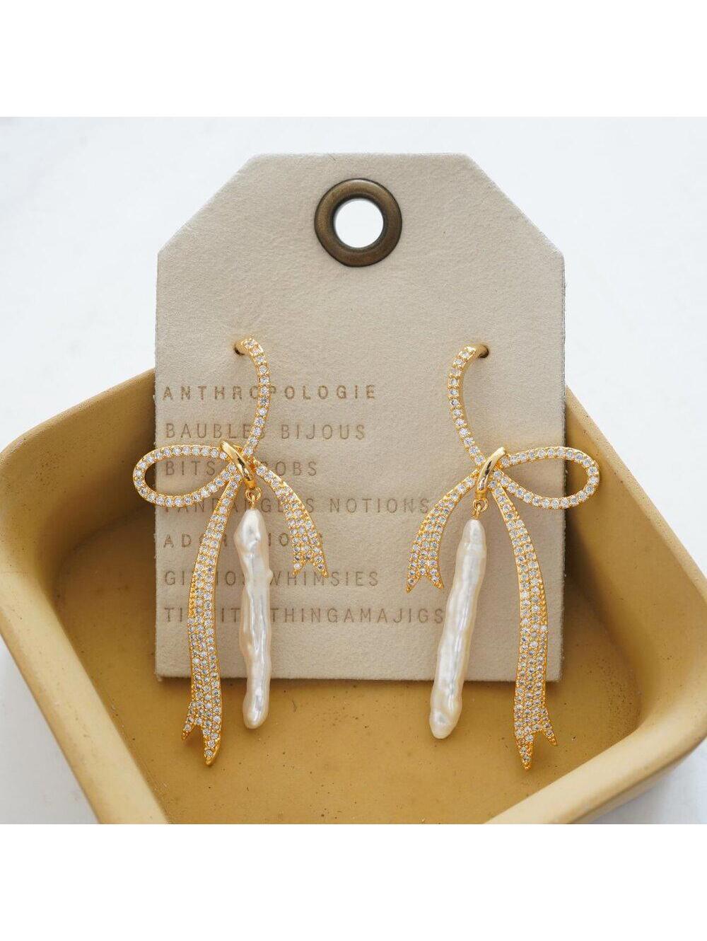 Anthropologie Bow Pearl Drop Earrings